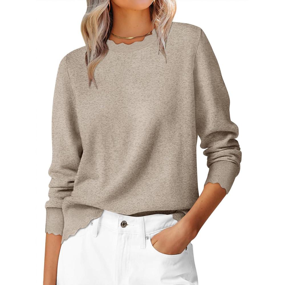 imageANRABESS Womens Long Sleeve Sweaters Loose Fit Lightweight Scalloped Knit Soft Dressy Pullover Tops 2025 Fall Casual OutfitsTan
