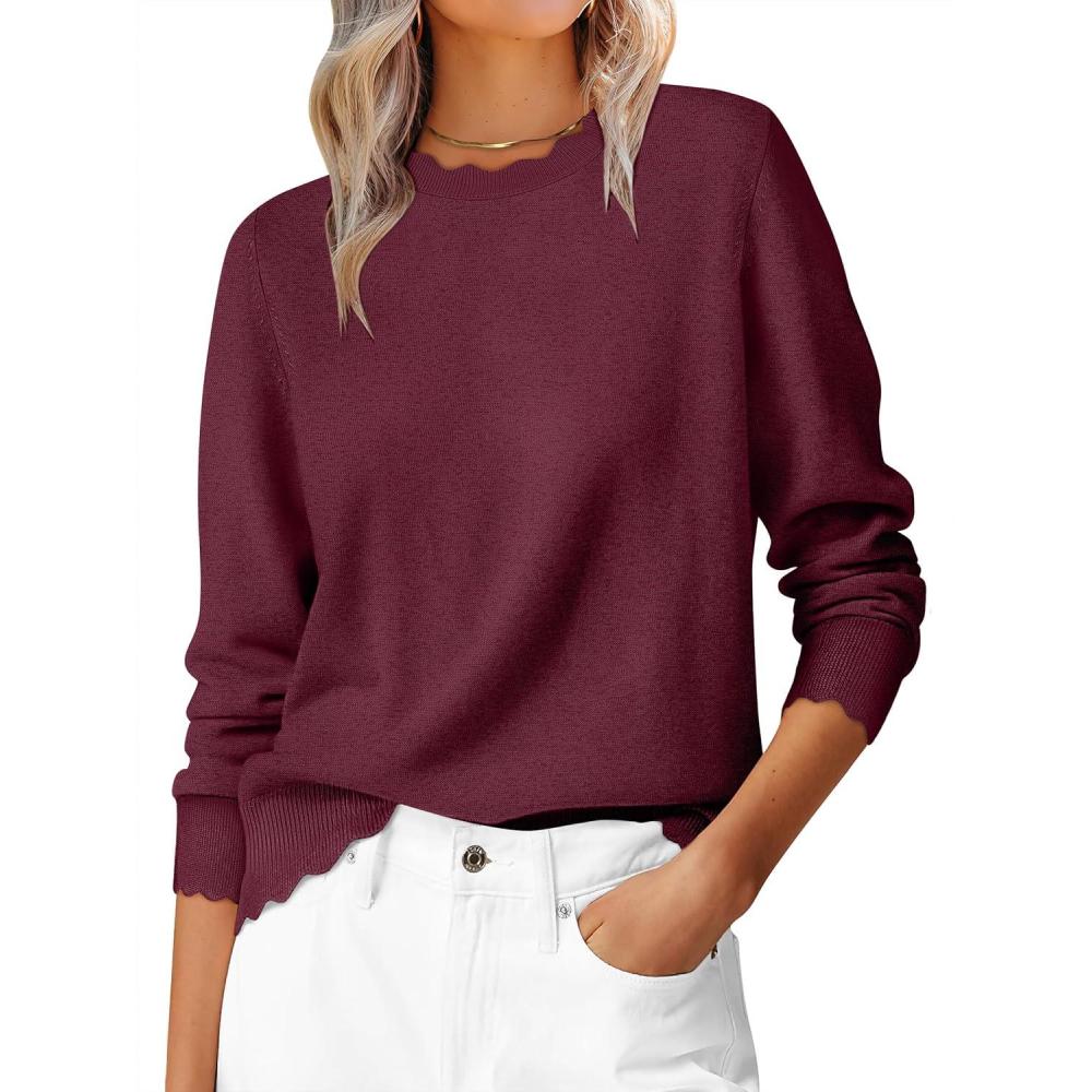imageANRABESS Womens Long Sleeve Sweaters Loose Fit Lightweight Scalloped Knit Soft Dressy Pullover Tops 2025 Fall Casual OutfitsWine Red
