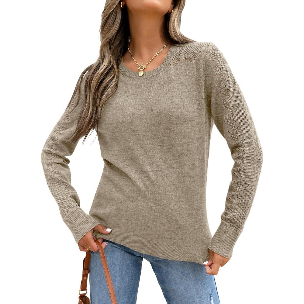 imageANRABESS Womens Long Sleeve Sweaters Wool Blend Crew Neck Hollow Out Business Casual Work Tops 2025 Fall OutfitsAlmond