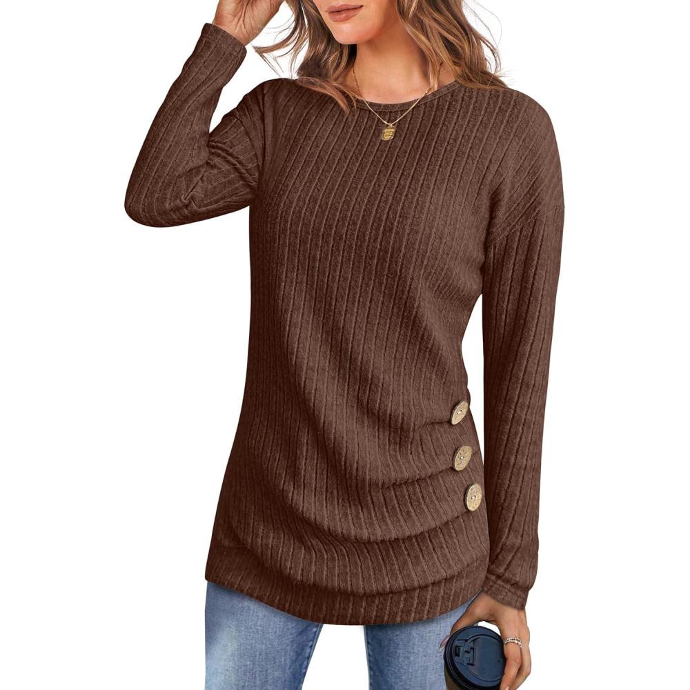 imageANRABESS Womens Long Sleeve Tunic Top 2025 Fall Sweaters Lightweight Ribbed Knit Buttons Shirts Casual Work OutfitsBrown