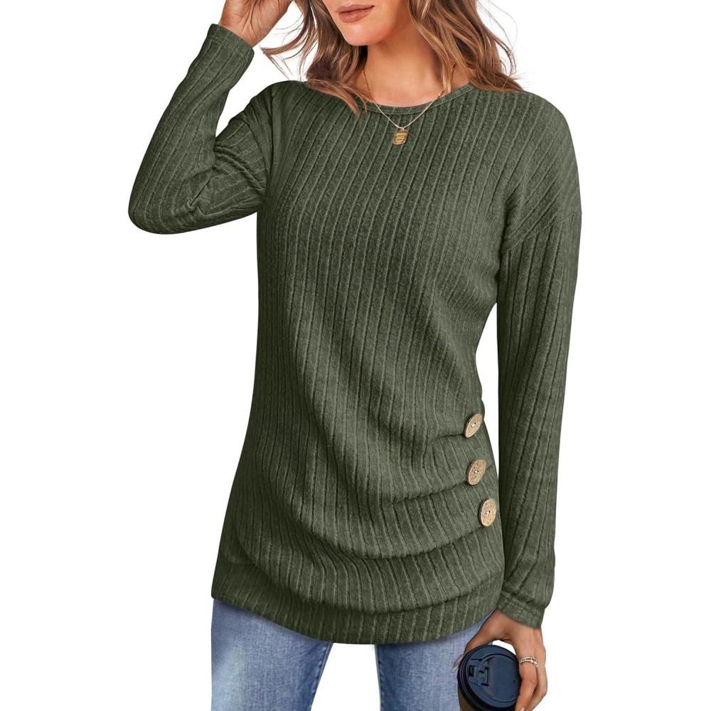 imageANRABESS Womens Long Sleeve Tunic Top 2025 Fall Sweaters Lightweight Ribbed Knit Buttons Shirts Casual Work OutfitsDeep Green