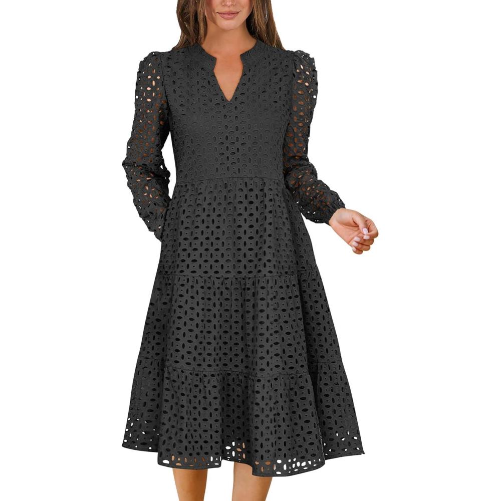 imageANRABESS Womens Long Sleeve V Neck MIdi Dresses Hollow Out Eyelet Casual Tiered 2025 Fall Beach Vacation Dress with PocketsBlack