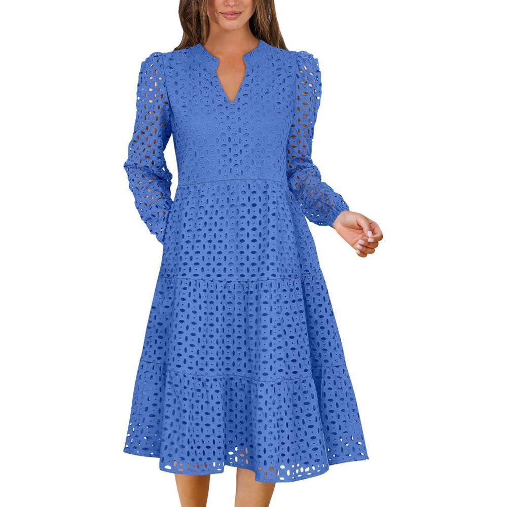 imageANRABESS Womens Long Sleeve V Neck MIdi Dresses Hollow Out Eyelet Casual Tiered 2025 Fall Beach Vacation Dress with PocketsBlue