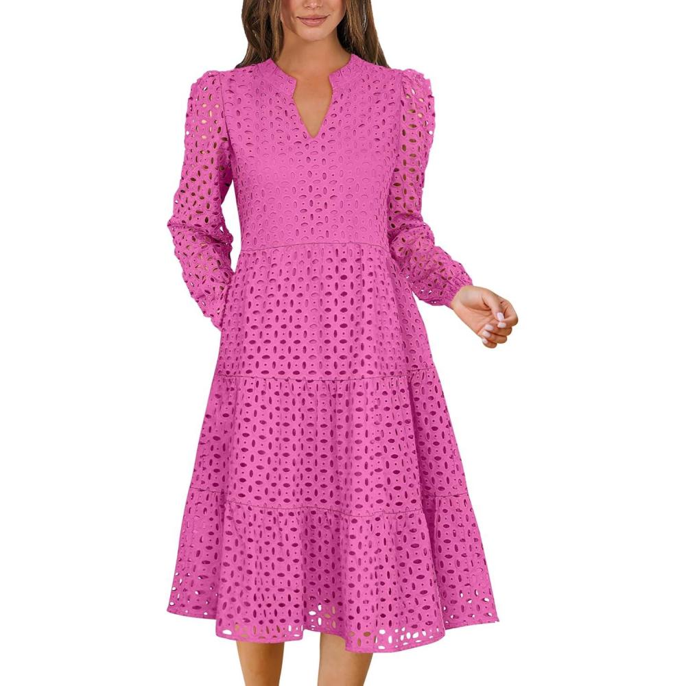 imageANRABESS Womens Long Sleeve V Neck MIdi Dresses Hollow Out Eyelet Casual Tiered 2025 Fall Beach Vacation Dress with PocketsHot Pink