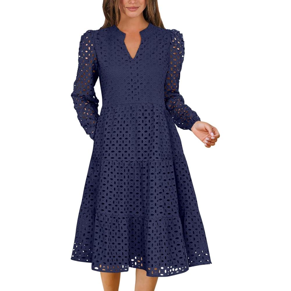 imageANRABESS Womens Long Sleeve V Neck MIdi Dresses Hollow Out Eyelet Casual Tiered 2025 Fall Beach Vacation Dress with PocketsNavy Blue