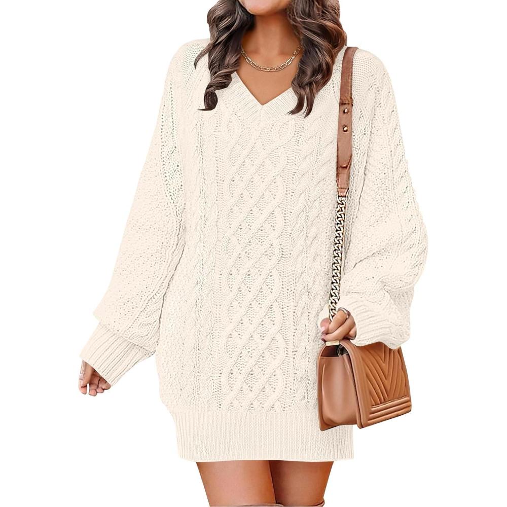 imageANRABESS Womens Long Sleeve V Neck Oversized Cable Knit Mini Sweater Dresses 2025 Winter Fall Trendy Pullover Tunic OutfitsBeige