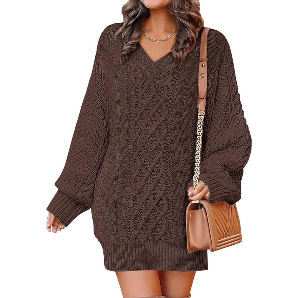 imageANRABESS Womens Long Sleeve V Neck Oversized Cable Knit Mini Sweater Dresses 2025 Winter Fall Trendy Pullover Tunic OutfitsRed Brown