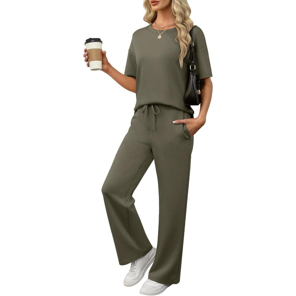 imageANRABESS Womens Lounge Sets 2 Piece Outfits Summer Casual Short Sleeve Sweatsuits Matching Tracksuits Wide Leg Pant SetArmy Green
