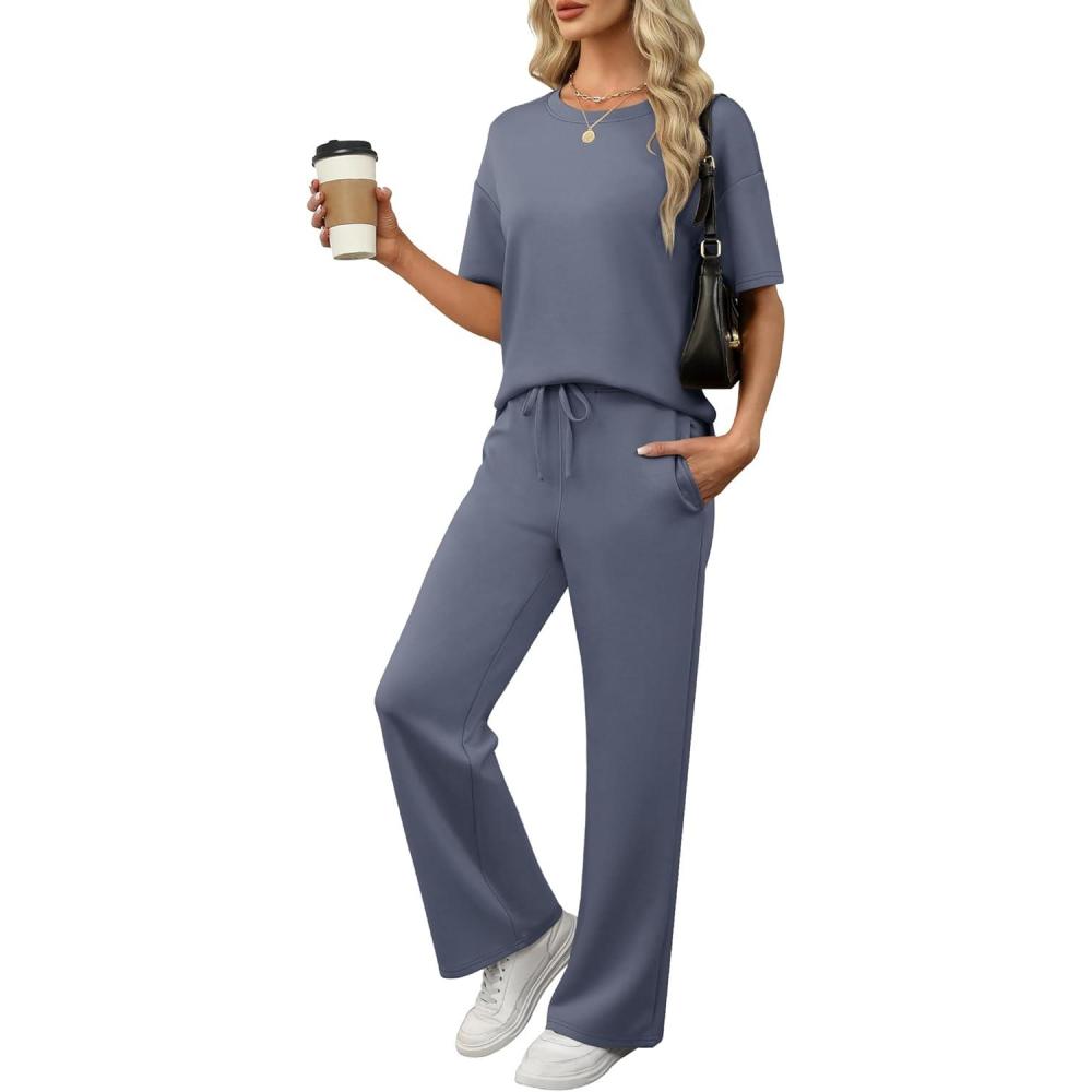 imageANRABESS Womens Lounge Sets 2 Piece Outfits Summer Casual Short Sleeve Sweatsuits Matching Tracksuits Wide Leg Pant SetDeep Gray