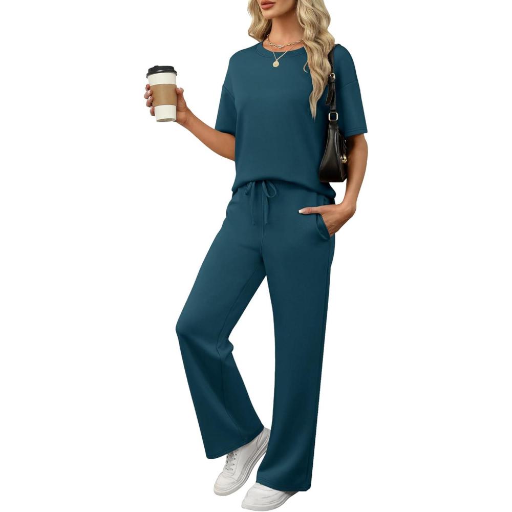 imageANRABESS Womens Lounge Sets 2 Piece Outfits Summer Casual Short Sleeve Sweatsuits Matching Tracksuits Wide Leg Pant SetLake Green