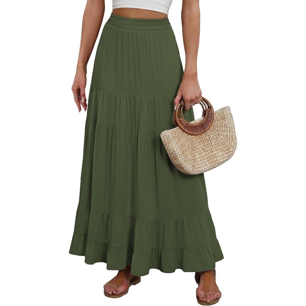imageANRABESS Womens Maxi Skirt Elastic High Waist Swing Tiered Aline Flowy Pleated Boho Beach Vacation Long SkirtsDark Green