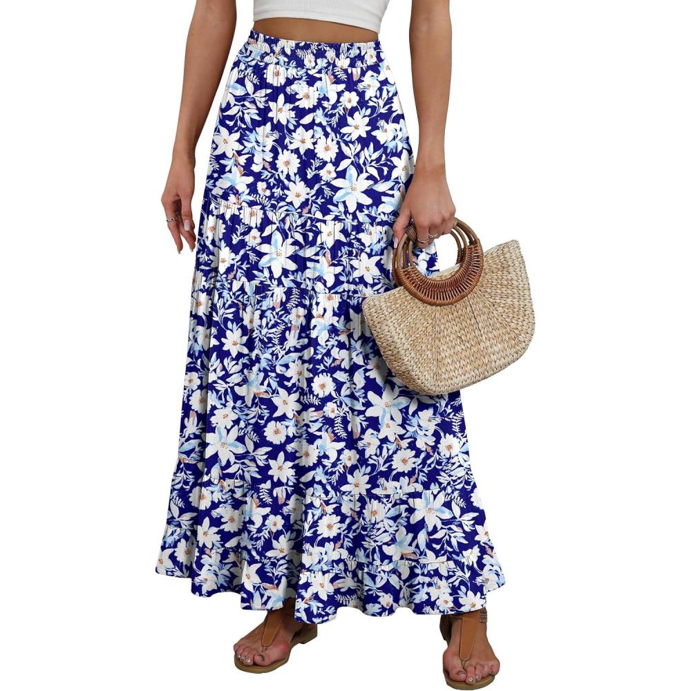imageANRABESS Womens Maxi Skirt Elastic High Waist Swing Tiered Aline Flowy Pleated Boho Beach Vacation Long SkirtsFloral Blue