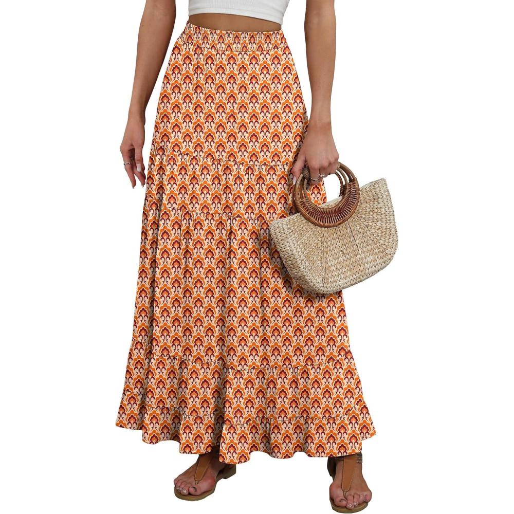 imageANRABESS Womens Maxi Skirt Elastic High Waist Swing Tiered Aline Flowy Pleated Boho Beach Vacation Long SkirtsFloral Orange