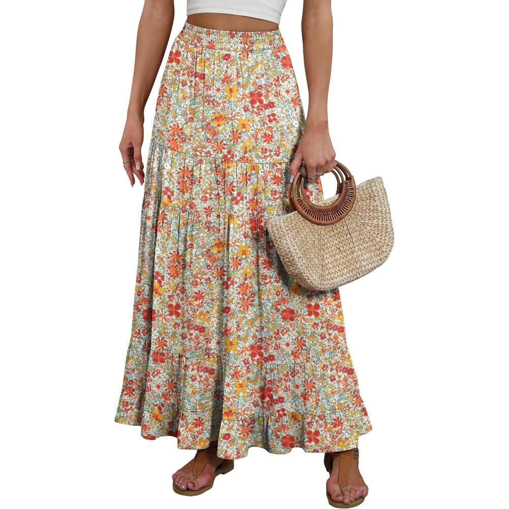 imageANRABESS Womens Maxi Skirt Elastic High Waist Swing Tiered Aline Flowy Pleated Boho Beach Vacation Long SkirtsFloral Orange Red