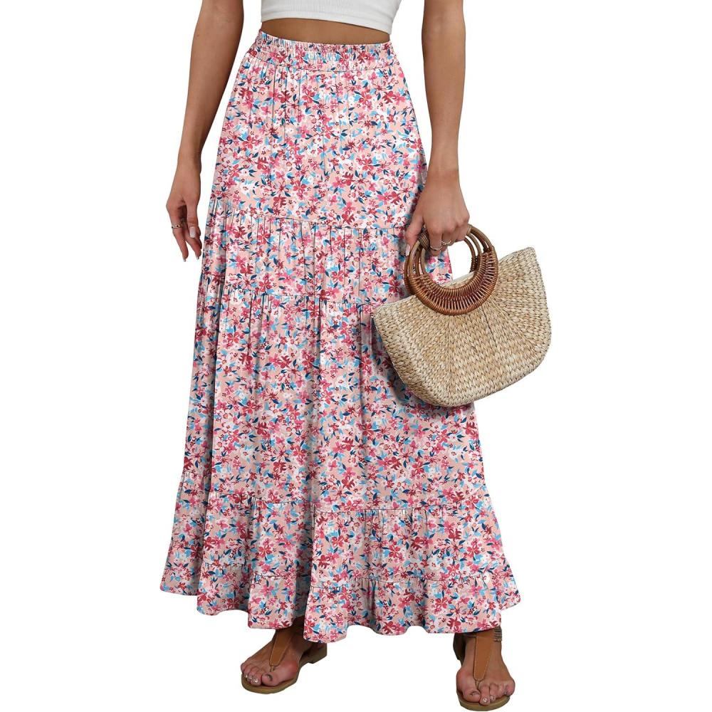 imageANRABESS Womens Maxi Skirt Elastic High Waist Swing Tiered Aline Flowy Pleated Boho Beach Vacation Long SkirtsFloral Pink