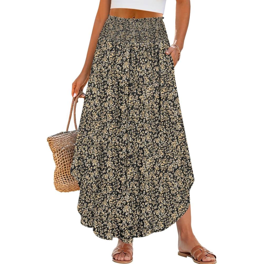 imageANRABESS Womens Maxi Skirts Summer Boho Floral High Waisted Flowy Swing Pleated Beach Long Skirt with PocketsFloral Black Gold
