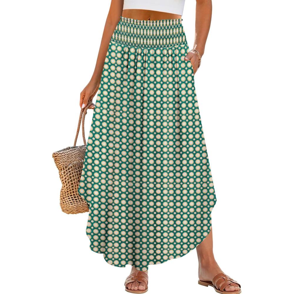 imageANRABESS Womens Maxi Skirts Summer Boho Floral High Waisted Flowy Swing Pleated Beach Long Skirt with PocketsFloral Green Brown