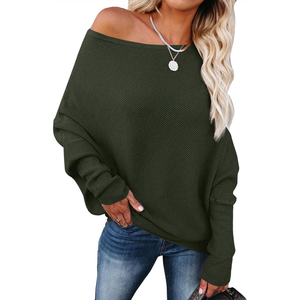 imageANRABESS Womens Off Shoulder Sweaters 2025 Fall Long Batwing Sleeve Loose Fit Knit Tops Casual Pullovers JumpersArmy Green