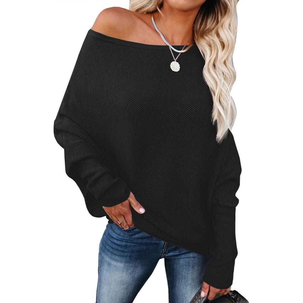 imageANRABESS Womens Off Shoulder Sweaters 2025 Fall Long Batwing Sleeve Loose Fit Knit Tops Casual Pullovers JumpersBlack