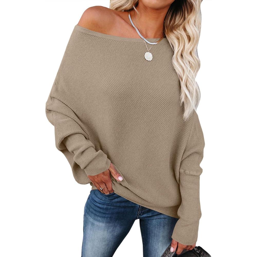 imageANRABESS Womens Off Shoulder Sweaters 2025 Fall Long Batwing Sleeve Loose Fit Knit Tops Casual Pullovers JumpersBright Tan