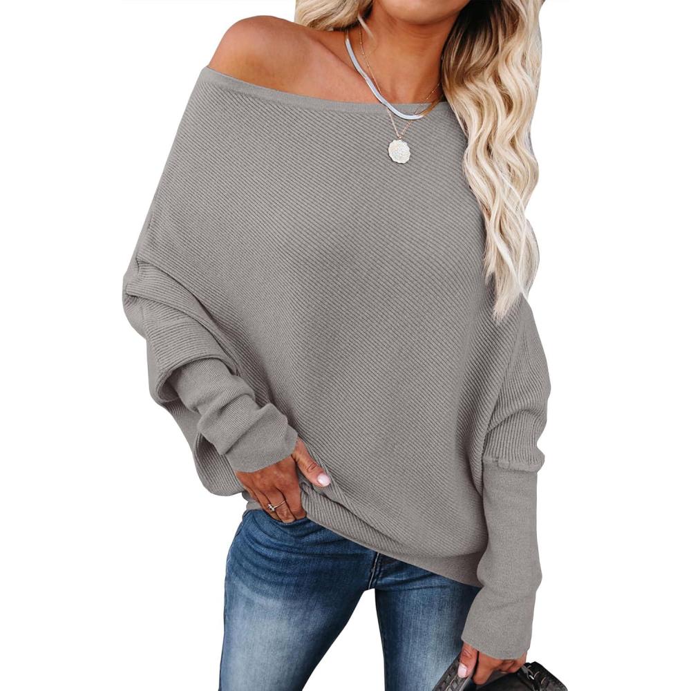 imageANRABESS Womens Off Shoulder Sweaters 2025 Fall Long Batwing Sleeve Loose Fit Knit Tops Casual Pullovers JumpersGray Apricot