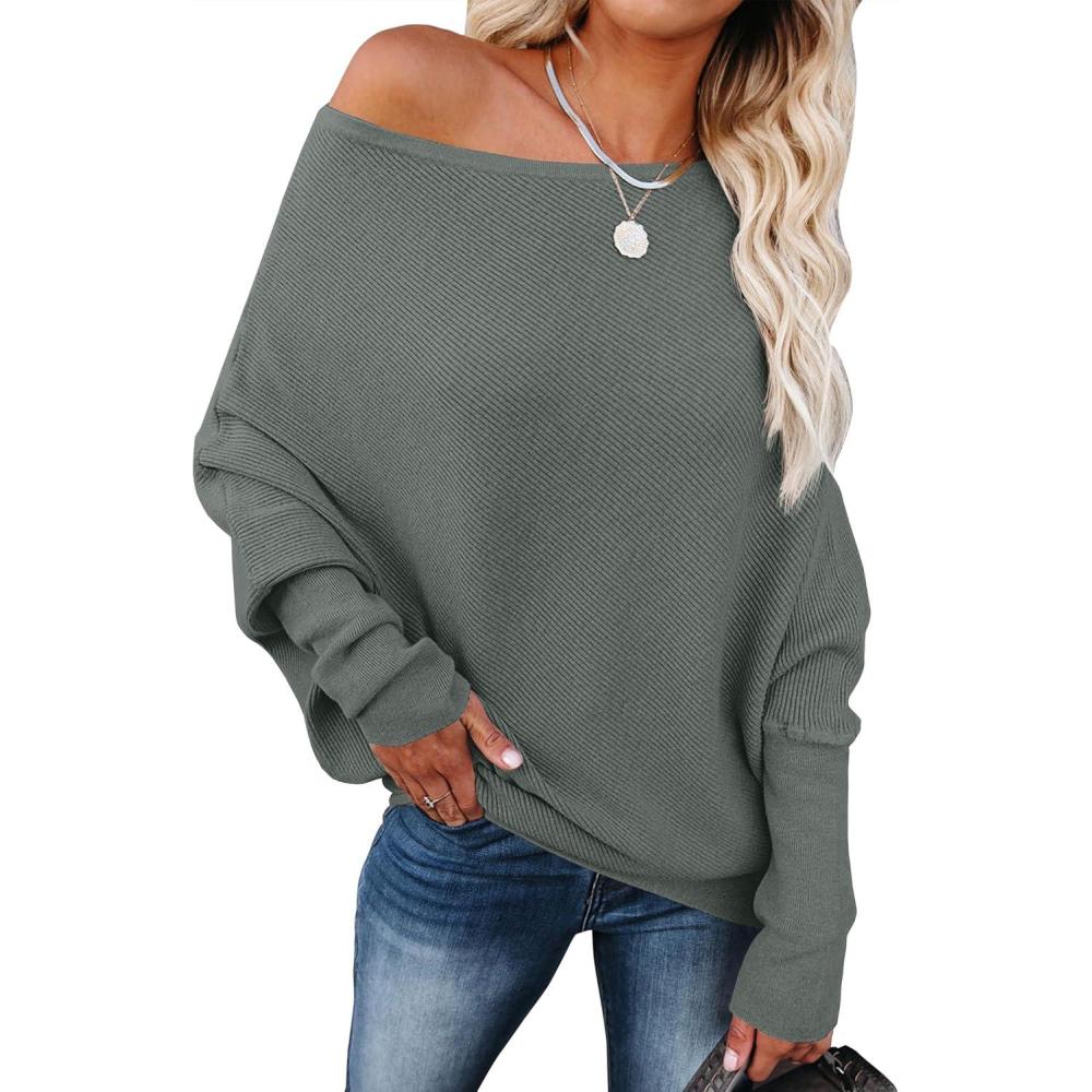 imageANRABESS Womens Off Shoulder Sweaters 2025 Fall Long Batwing Sleeve Loose Fit Knit Tops Casual Pullovers JumpersGrey Green