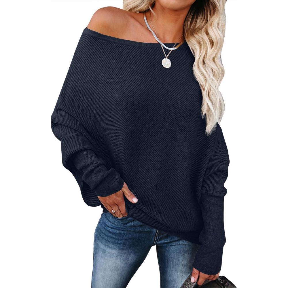 imageANRABESS Womens Off Shoulder Sweaters 2025 Fall Long Batwing Sleeve Loose Fit Knit Tops Casual Pullovers JumpersNavy Blue