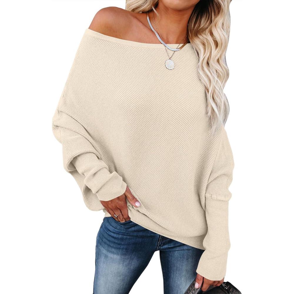 imageANRABESS Womens Off Shoulder Sweaters 2025 Fall Long Batwing Sleeve Loose Fit Knit Tops Casual Pullovers JumpersParchment