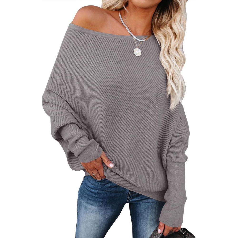 imageANRABESS Womens Off Shoulder Sweaters 2025 Fall Long Batwing Sleeve Loose Fit Knit Tops Casual Pullovers JumpersPurple Taupe