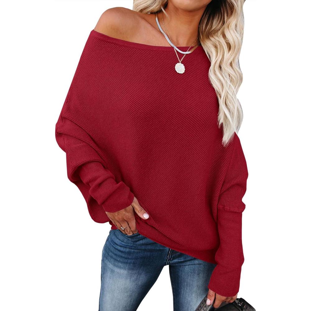 imageANRABESS Womens Off Shoulder Sweaters 2025 Fall Long Batwing Sleeve Loose Fit Knit Tops Casual Pullovers JumpersRed