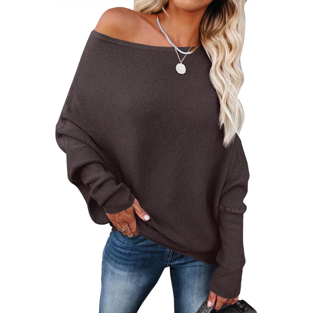 imageANRABESS Womens Off Shoulder Sweaters 2025 Fall Long Batwing Sleeve Loose Fit Knit Tops Casual Pullovers JumpersRed Coffee