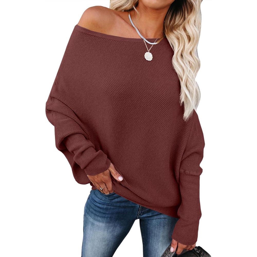 imageANRABESS Womens Off Shoulder Sweaters 2025 Fall Long Batwing Sleeve Loose Fit Knit Tops Casual Pullovers JumpersRust
