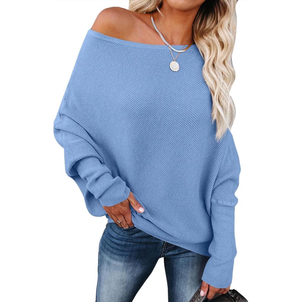 imageANRABESS Womens Off Shoulder Sweaters 2025 Fall Long Batwing Sleeve Loose Fit Knit Tops Casual Pullovers JumpersSky