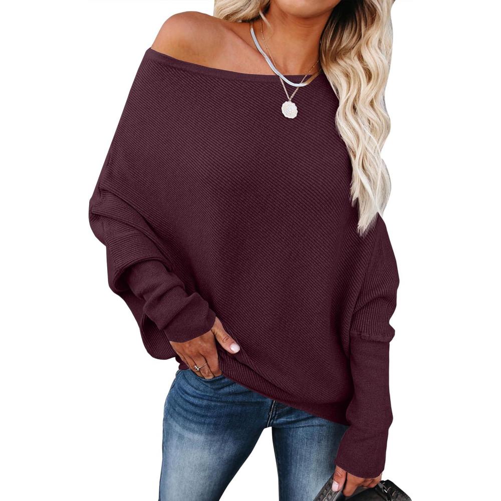 imageANRABESS Womens Off Shoulder Sweaters 2025 Fall Long Batwing Sleeve Loose Fit Knit Tops Casual Pullovers JumpersWine Red