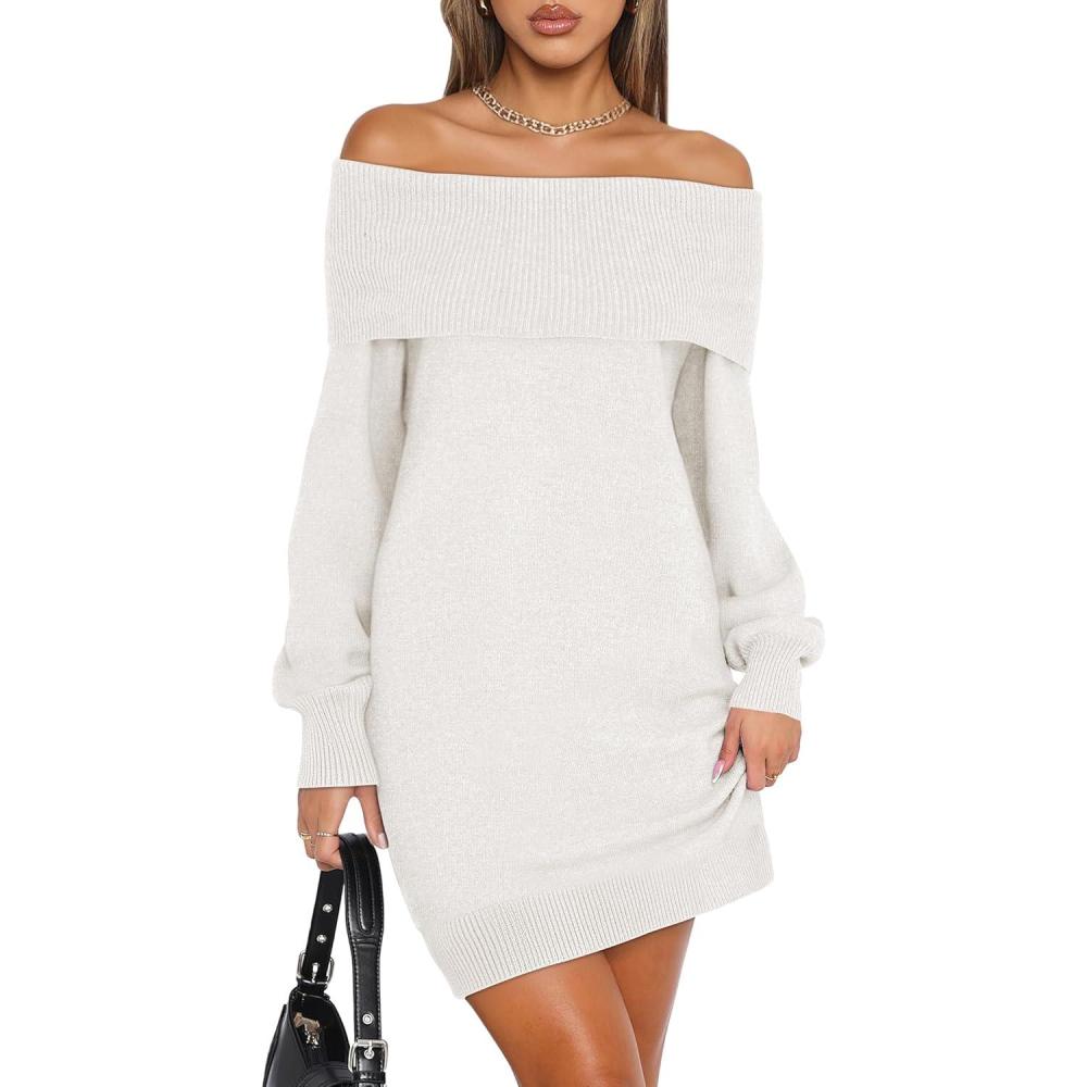 imageANRABESS Womens Off The Shoulder Sweater Dress Casual Loose Knit 2025 Fall Winter Trendy Long Sleeve Pullover Mini DressesWhite
