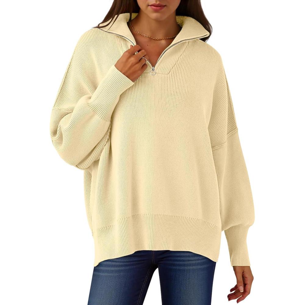 imageANRABESS Womens Oversized Fashion Long Sleeve Quarter Zip Baggy Loose Slouchy Sweater Pullover Tops 2025 Fall OutfitsApricot