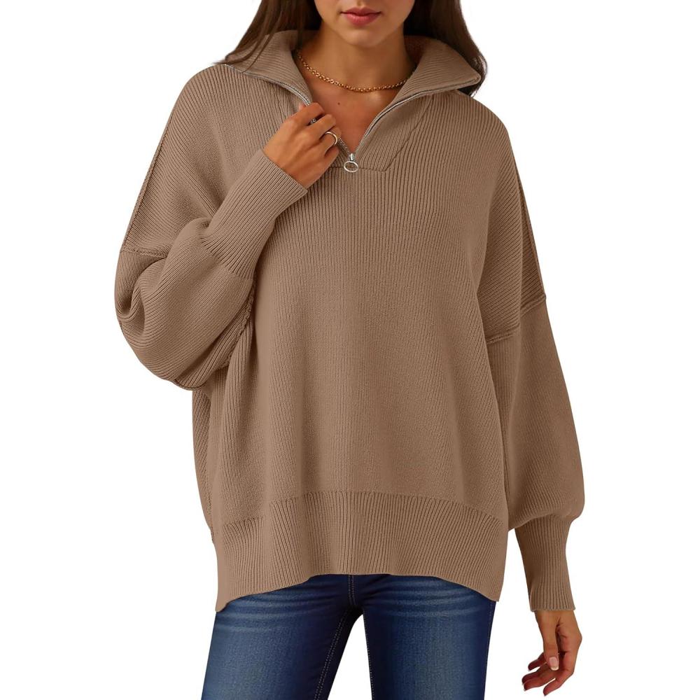 imageANRABESS Womens Oversized Fashion Long Sleeve Quarter Zip Baggy Loose Slouchy Sweater Pullover Tops 2025 Fall OutfitsBrown