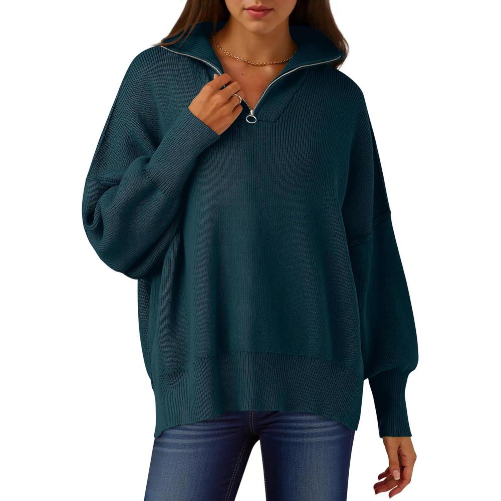 imageANRABESS Womens Oversized Fashion Long Sleeve Quarter Zip Baggy Loose Slouchy Sweater Pullover Tops 2025 Fall OutfitsDeep Blue