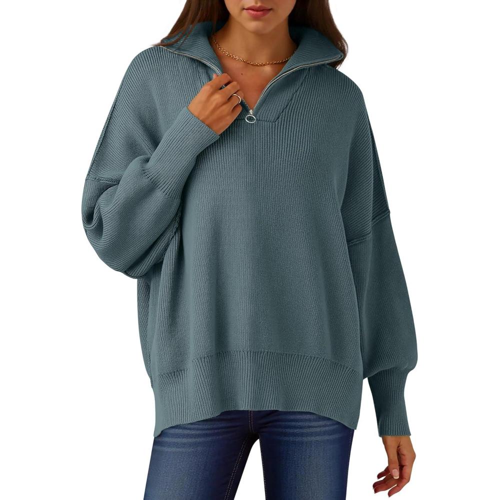 imageANRABESS Womens Oversized Fashion Long Sleeve Quarter Zip Baggy Loose Slouchy Sweater Pullover Tops 2025 Fall OutfitsDusty Blue