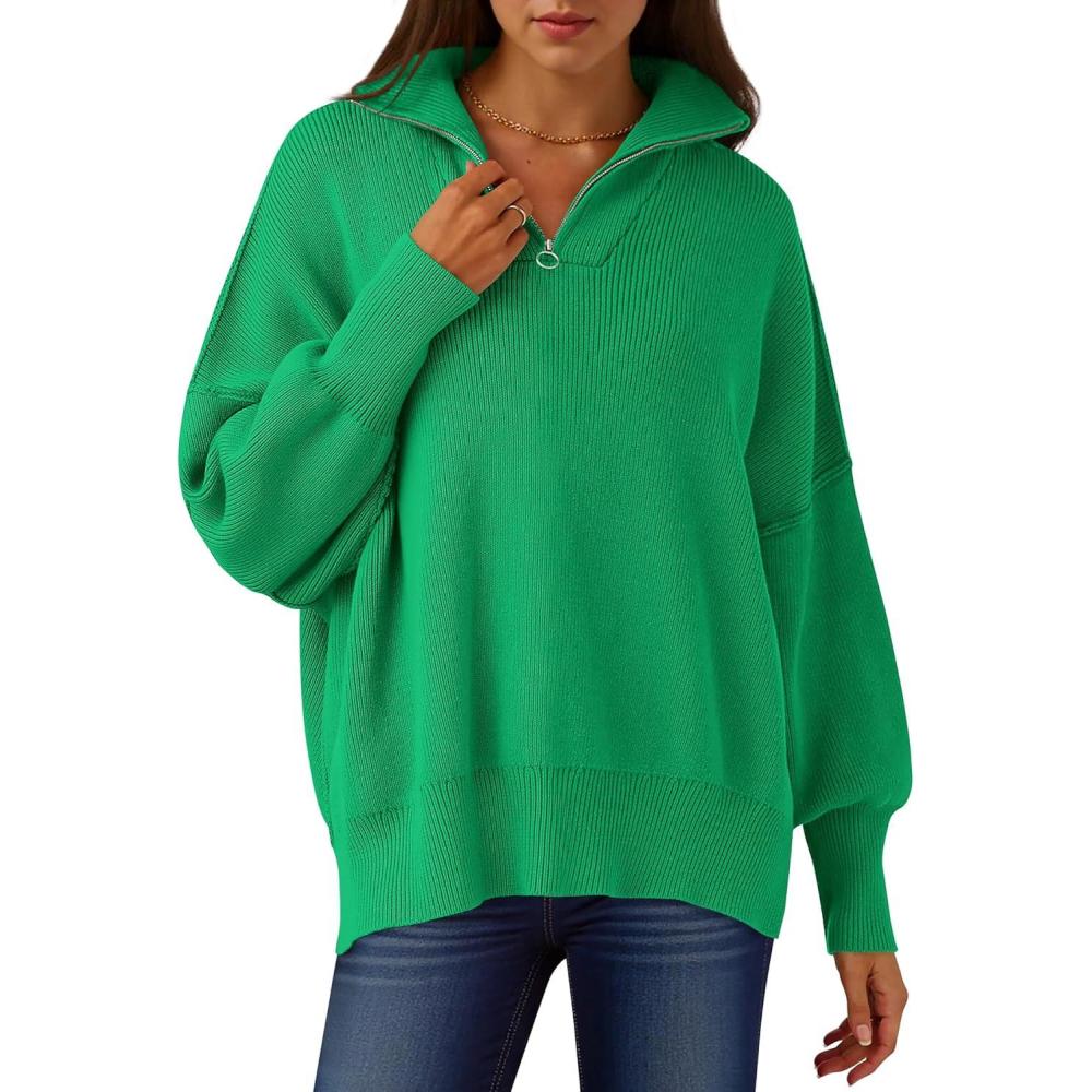 imageANRABESS Womens Oversized Fashion Long Sleeve Quarter Zip Baggy Loose Slouchy Sweater Pullover Tops 2025 Fall OutfitsGreen