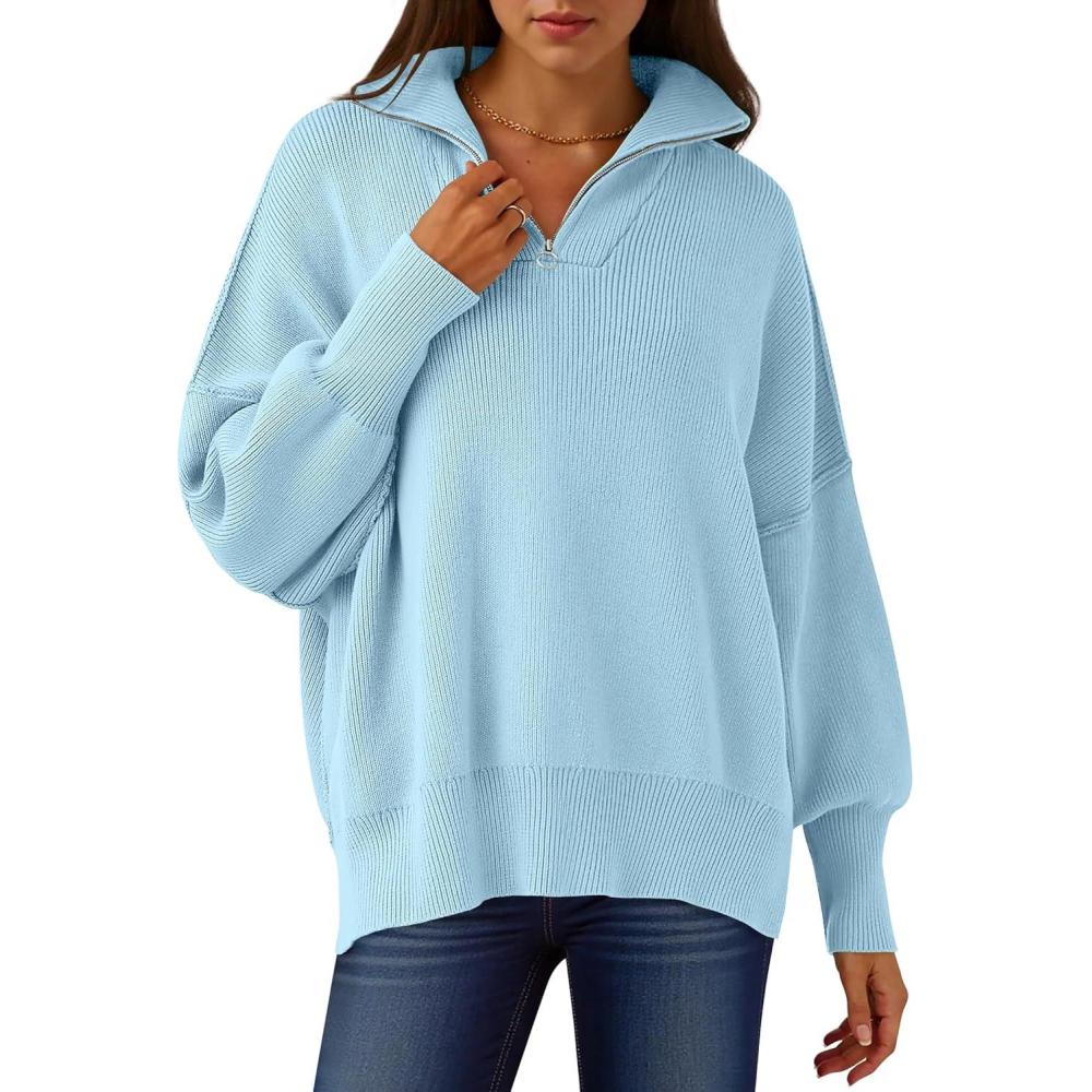 imageANRABESS Womens Oversized Fashion Long Sleeve Quarter Zip Baggy Loose Slouchy Sweater Pullover Tops 2025 Fall OutfitsLight Blue