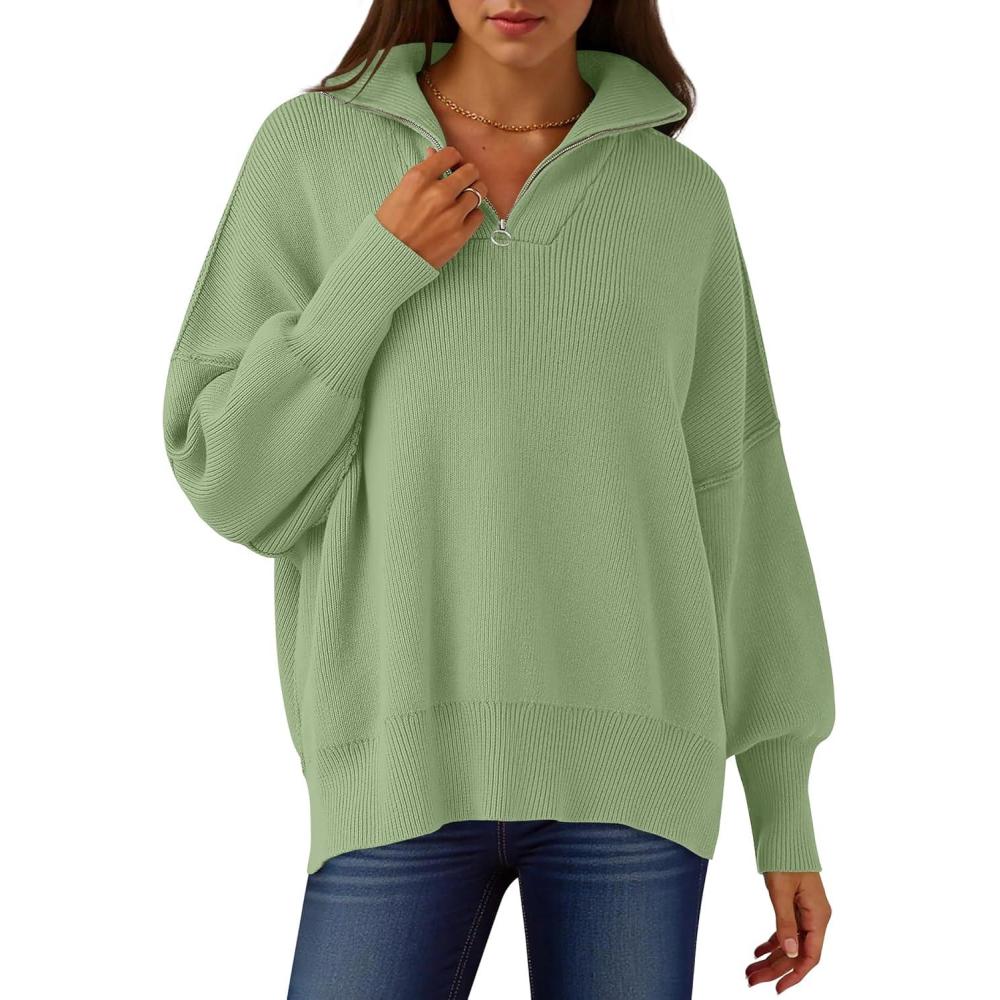 imageANRABESS Womens Oversized Fashion Long Sleeve Quarter Zip Baggy Loose Slouchy Sweater Pullover Tops 2025 Fall OutfitsLight Green