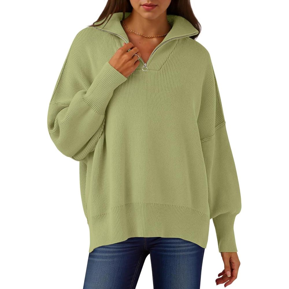 imageANRABESS Womens Oversized Fashion Long Sleeve Quarter Zip Baggy Loose Slouchy Sweater Pullover Tops 2025 Fall OutfitsPea