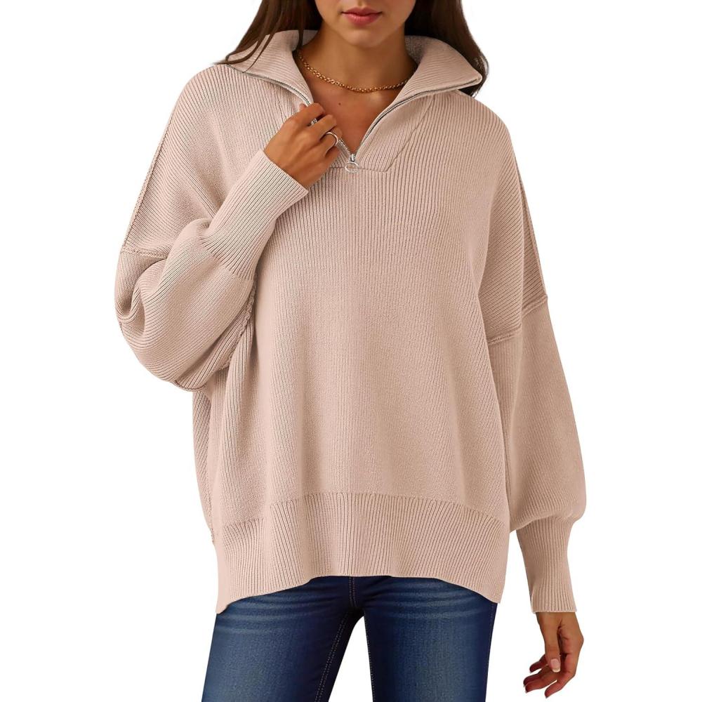 imageANRABESS Womens Oversized Fashion Long Sleeve Quarter Zip Baggy Loose Slouchy Sweater Pullover Tops 2025 Fall OutfitsPink