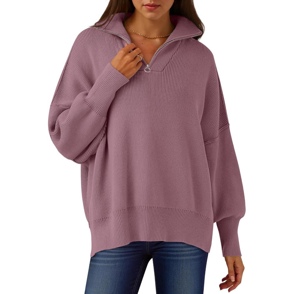 imageANRABESS Womens Oversized Fashion Long Sleeve Quarter Zip Baggy Loose Slouchy Sweater Pullover Tops 2025 Fall OutfitsPurple