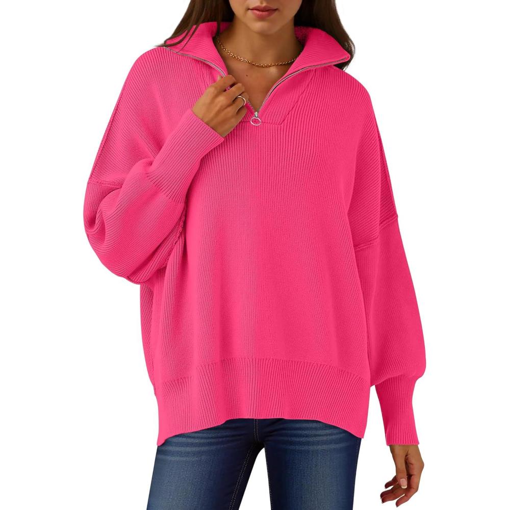 imageANRABESS Womens Oversized Fashion Long Sleeve Quarter Zip Baggy Loose Slouchy Sweater Pullover Tops 2025 Fall OutfitsRose