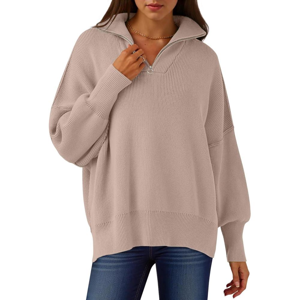 imageANRABESS Womens Oversized Fashion Long Sleeve Quarter Zip Baggy Loose Slouchy Sweater Pullover Tops 2025 Fall OutfitsSand