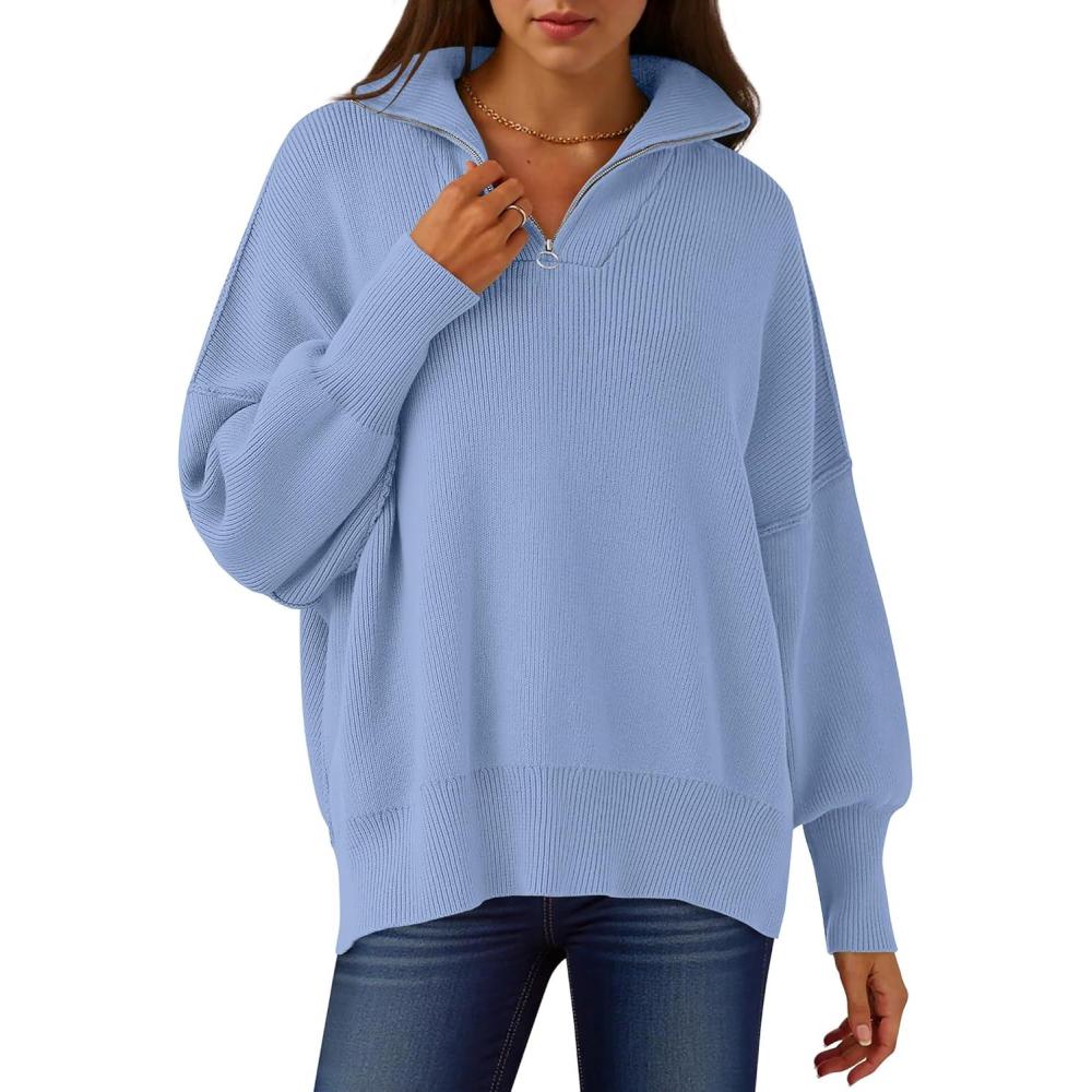 imageANRABESS Womens Oversized Fashion Long Sleeve Quarter Zip Baggy Loose Slouchy Sweater Pullover Tops 2025 Fall OutfitsSky Blue