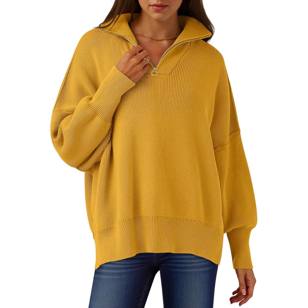 imageANRABESS Womens Oversized Fashion Long Sleeve Quarter Zip Baggy Loose Slouchy Sweater Pullover Tops 2025 Fall OutfitsYellow