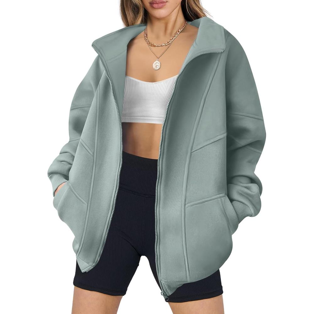 imageANRABESS Womens Oversized Full Zip Up Sweatshirts Jacket 2025 Fall Fleece Long Sleeve Hoodies OutfitsGrey Green